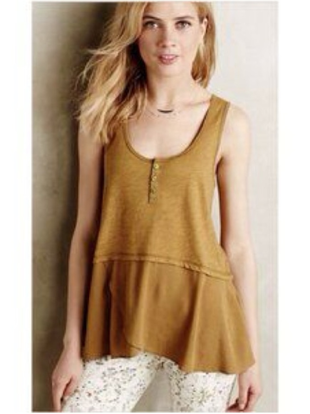 Anthropologie Little Yellow Button Cotton Tank Top mustard brown yellow SMALL